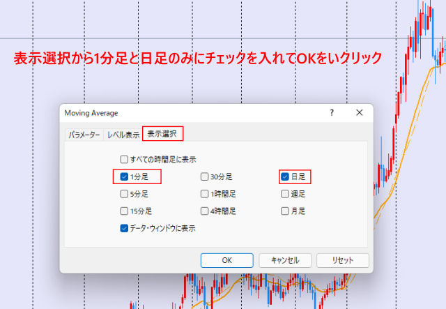 日足の100EMAの表示選択画面